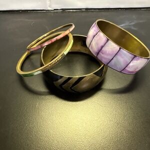 Set of 4 Brass Bangle Bracelets | Colorful Gold‎ Tone | Statement Stack